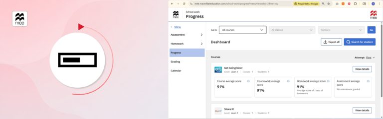 ¿Qué informes puedo exportar como docente o admin en la plataforma Macmillan Education Everywhere?